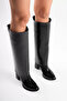 Valois Premium Black Patent Leather Non-Removable Round Toe Thick Heeled Boots - 4
