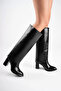 Valois Premium Black Patent Leather Non-Removable Round Toe Thick Heeled Boots