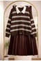 Women's Polo Collar Striped Knitwear Cardigan Pleated Leather Skirt 2-Piece Set - 3