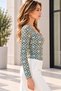 Women's Blue Diamond Pattern Square Neck Lined Long Sleeve Viscose Elastane Blouse - 4