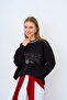 Women's Collar Stripe Detail College Printed Sweatshirt Black