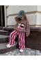 Girl's Embroidered Sweatshirt Pink Burgundy Striped Bottom Tracksuit 2-Piece Set