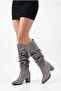 Women's Gusseted Design Thick Heeled Pointed Toe Gray Suede Boots (Order One Size Larger) - 3