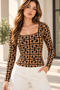 Women's Brown Tiger Pattern Square Collar Long Sleeve Viscose Elastane Blouse - 2