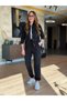 Women's Black Button Detailed Jacket and Pants Stylish Set - 3