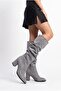Women's Gusseted Design Thick Heeled Pointed Toe Gray Suede Boots (Order One Size Larger) - 2