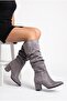 Women's Gusseted Design Thick Heeled Pointed Toe Gray Suede Boots (Order One Size Larger)