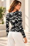 Women's Black Ecru Patterned Square Collar Lined Long Sleeve Viscose Elastane Blouse - 8