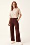 Women's Brown Elastic Waist Comfortable Fabric Wide Leg Pants with Pockets Casual Bottoms