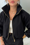 Black Bomber Jacket with Stand Collar and Zipper - 2