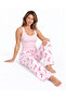 Women's Striped Blouse Patterned Strappy Pink Pajama Set - 4