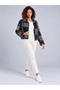 Women's Black Gray Patchwork Patterned Wool Blend Zippered Jacket - 8