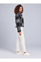 Women's Black Gray Patchwork Patterned Wool Blend Zippered Jacket - 6