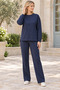 Women's Long Sleeve Off Shoulder Crew Neck Woven Detailed Pocket Slit Elegant Soft Textured Casual Navy Blue Sweatshirt Pants Two-Piece Set - 6