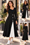 Women's Stylish Asymmetrical Collar Button Detailed Flared Black and White Midi Viscose Dress - 4