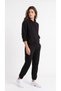 Women's Black Elastic Cuffed Kangaroo Pocket 3 Thread Hooded Sweatshirt Set with Fleece Inside - 3
