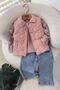 Heart Patterned, Stone Detailed, Quilted Coat, Knitwear and Denim Trousers 3-Piece Set for Baby Girls - Powder