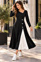 Women's Stylish Asymmetrical Collar Button Detailed Flared Black and White Midi Viscose Dress - 6