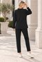 Women's Crew Neck Long Sleeve Sweatshirt with Slit Detail and Stretch Woven Detail, and Elastic Waist Woven Detail Stretch Pants with Pockets, Black Two-Piece Set - 3