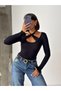 Women's Black Tie-Up Lace Gothic Bralet Detailed Deep U-Neck Long Sleeve Blouse - 6
