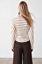 Women's Beige Boat Neck Spanish Sleeve Side Gathered Striped Blouse Alc-X15605 - 5
