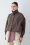 Women's Stand Collar Buttoned Elastic Short Coat with Gathered Detail - Brown - 4