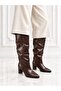 Miressa Women's Bitter Brown Wrinkled Semi-Lacquer Leather Pointed Toe Wide Calf 6 cm Thick Heeled Long Boots