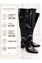 Erica Women's Black Wrinkled Patent Leather Pointed Toe Front Zipper Wide Calf 6 cm Thick Heeled Uzu - 5