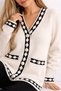 Women's Ecru Black Diamond Patterned Detailed Pearl Buttoned Knitwear Cardigan V-Neck Long Sleeve - 8