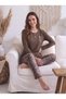 Women's Brown Leopard Patterned Pajama Set Button Detailed Cotton Long Sleeve Home Wear Homewear Stylish Dowry Suit - 2