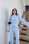 Women's Blue Waist-Tie Drawstring Blouse and Wide-Leg Pants Set