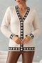 Women's Ecru Black Diamond Patterned Detailed Pearl Buttoned Knitwear Cardigan V-Neck Long Sleeve
