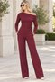 Women's Long Sleeve Boat Neck Off-Shoulder Lycra Soft Textured Top and Elastic Waist with Pockets Wide Leg Lycra Soft Textured Pants Burgundy Two-Piece Set - 6