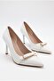 Women's Pointed-Toe Thin Heeled White Evening Dress Shoes with Buckle Detail - 3