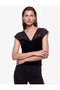 V-Neck Short Sleeve Gathered Velvet Blouse with Lace Detail - 2