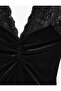 V-Neck Short Sleeve Gathered Velvet Blouse with Lace Detail - 7