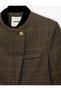 Long Sleeve Pocketed Jeweled Buttoned Stand Mandarin Collar Plaid Crop Jacket - 7