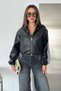 Women's Leather Jacket with Striped Sleeves and Hooded Zipper - 6
