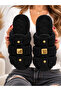 Women's Black Plush Cross-Strapped House Slippers with Gold Accessories, Cage Model House Slippers, Dowry Gift Slippers Stc1372 - 5