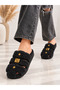 Women's Black Plush Cross-Strapped House Slippers with Gold Accessories, Cage Model House Slippers, Dowry Gift Slippers Stc1372 - 2