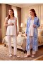 New Season Ecru Blue Patterned Buttoned Special Design Lace Detailed Wide Strap 100% Cotton Maternity Pajama Set - 2