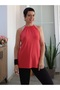 Red Front-Collar Gathered Crew Neck Combed Viscose T-Shirt - 6