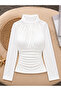 White Long-Sleeved Halter Neck Shirred Crop Blouse - 3