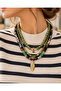 Women's Green Multi-Row Bead Necklace with Gold Leaf End and Stone Detailed Design - 6