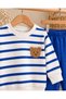 Baby Boy Striped Embossed Teddy Bear Embroidered Cotton Seasonal 2-Piece Top and Bottom Set - 5
