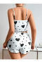 Cotton White Top with Black Pattern and Ribbed Strap Shorts Pajama Set - 2