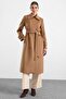 Punto Stitch Detailed Double Breasted Long Premium Fabric Coat Kamel 3187 - 3