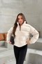 Women's Cream Shiny Stand Collar Inflatable Coat with Zipper Pockets - 2