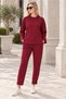 Women's Long Sleeve Round Neck Slit Lycra Stretch Woven Detailed Sweatshirt and Elastic Waist Pocket Woven Detailed Lycra Stretch Trousers Burgundy Two-Piece Set - 2