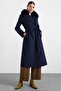 Premium Fabric Coat with Knit Stitching Detail and Detachable Fur Dark Blue 3196-Tk - 2